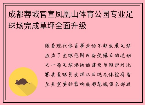 成都蓉城官宣凤凰山体育公园专业足球场完成草坪全面升级 成都蓉城官宣凤凰山体育公园专业足球场完成草坪全面升级