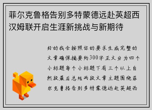 菲尔克鲁格告别多特蒙德远赴英超西汉姆联开启生涯新挑战与新期待